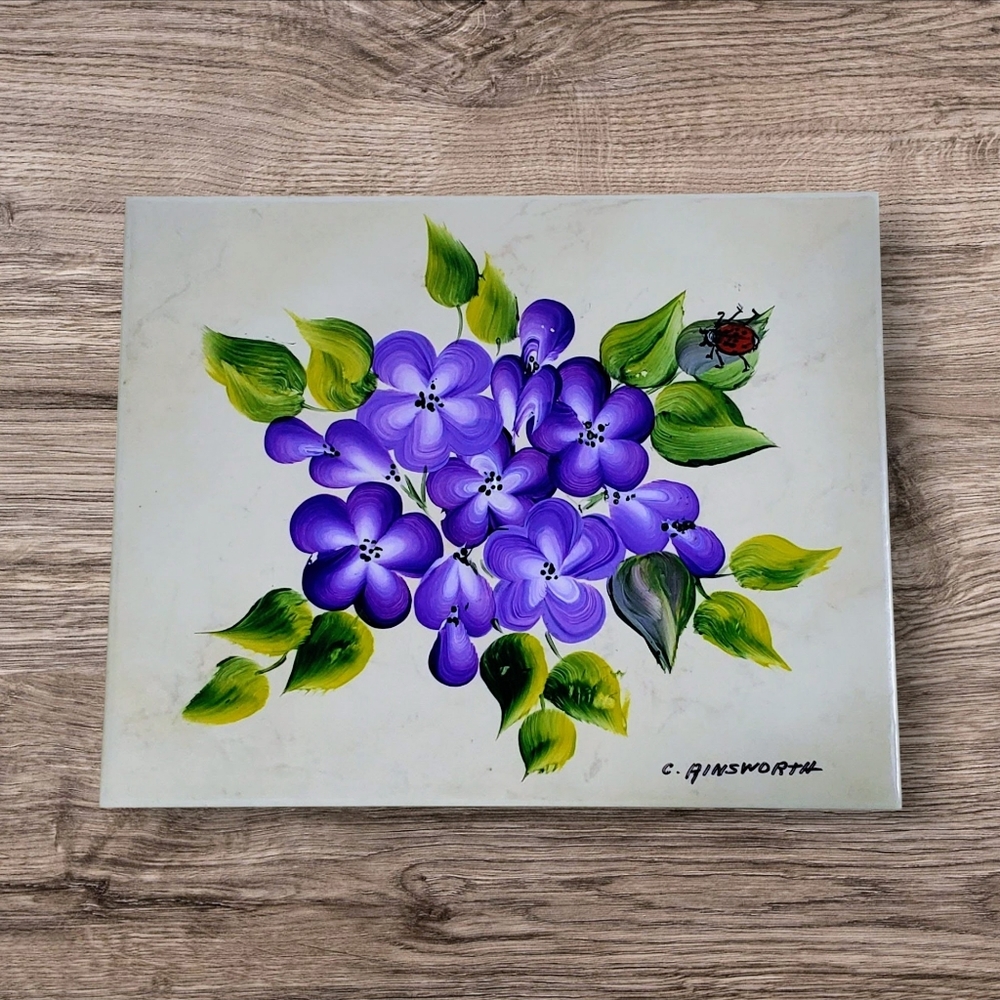 Decorative Hand Painted Ceramic Tile Purple Floral Pattern Signed By Artist.